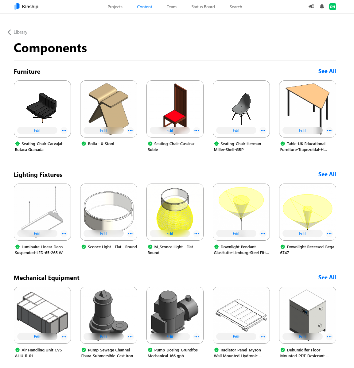Screenshot of components library showing the furnitue, lighting fixtures and mechanical equipment collections.